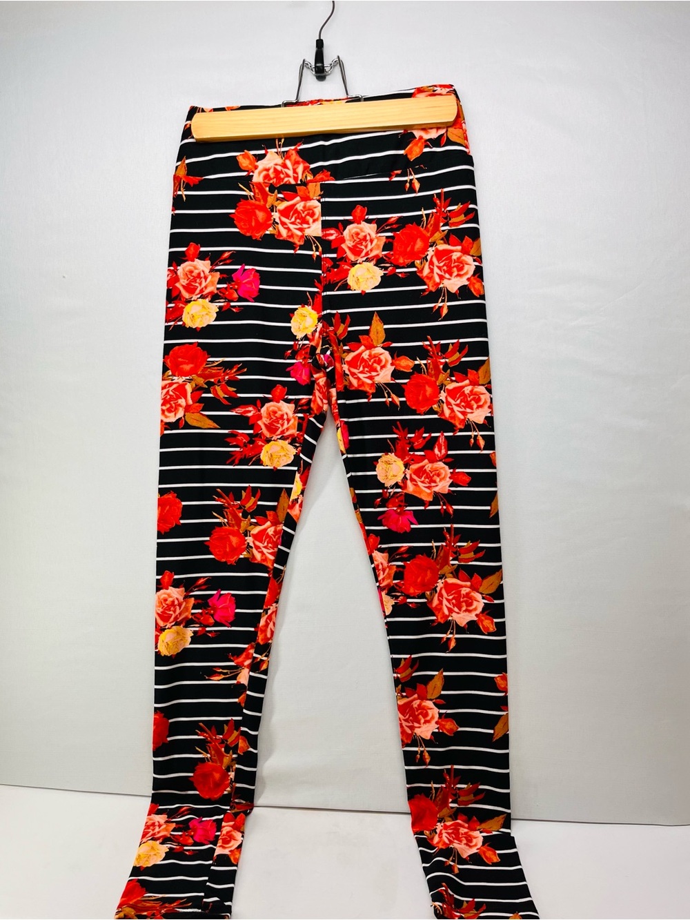 LuLaRoe Black Striped Leggings with Red‎ & Pink Floral Print